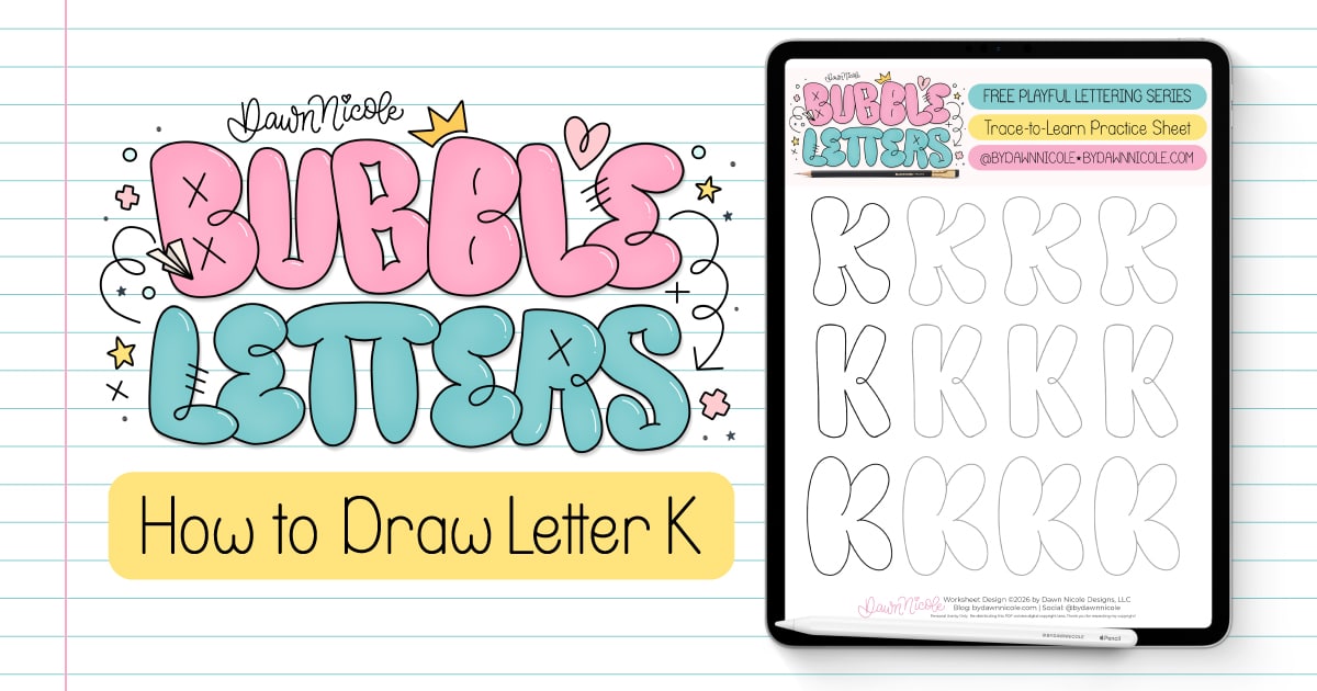 Bubble Letter K(Tutorial + Free Practice Sheet!). Learn how to draw a bubble letter K three ways, plus download a free printable practice sheet to trace and color!