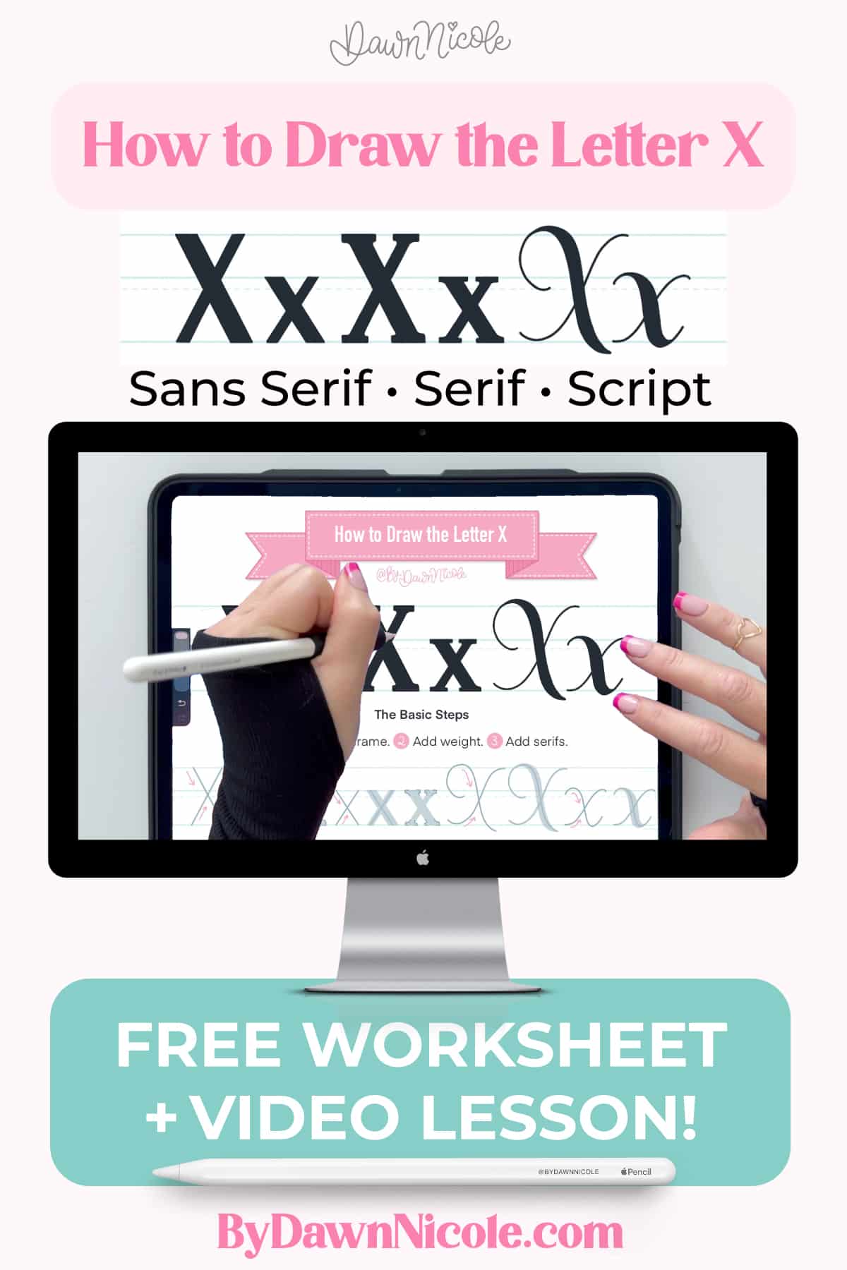 Learn how to draw the letter X in sans serif, serif, and script styles in Procreate — includes a free practice worksheet.