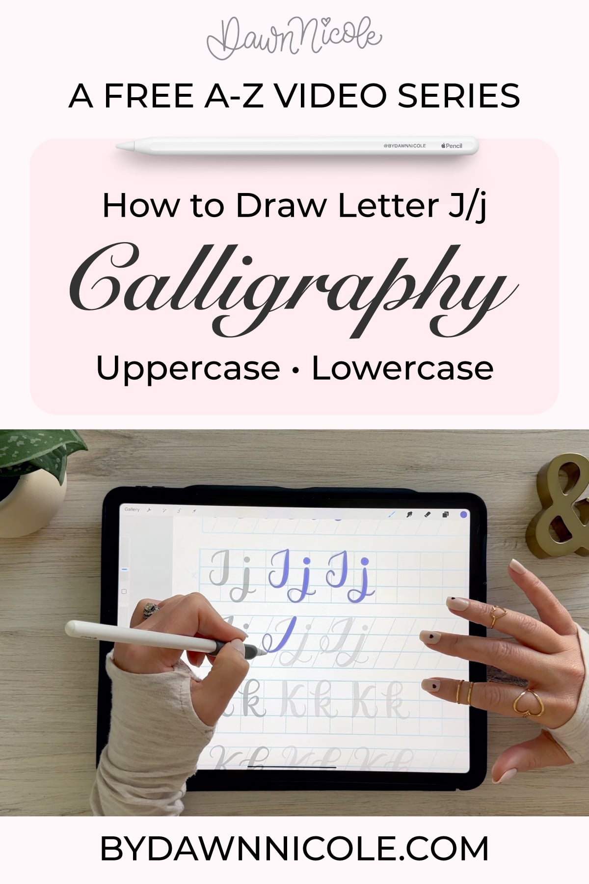 Calligraphy J: Uppercase & Lowercase (Video Tutorial). Learn to draw the letter J in this step-by-step brush calligraphy video tutorial for beginners. Follow along with paper or Procreate!