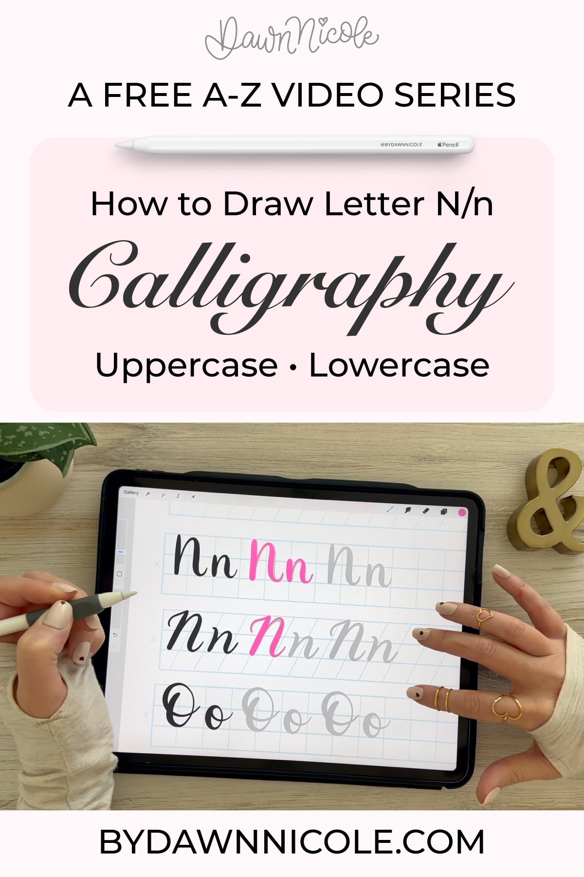 Calligraphy N: Uppercase & Lowercase (Video Tutorial). Learn to draw the letter N in this step-by-step brush calligraphy video tutorial for beginners. Follow along with paper or Procreate!