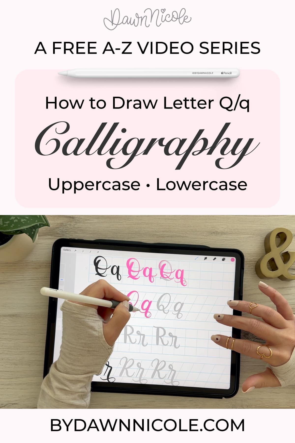 Calligraphy Q: Uppercase & Lowercase (Video Tutorial). Learn to draw the letter Q in this step-by-step brush calligraphy video tutorial for beginners. Follow along with paper or Procreate!