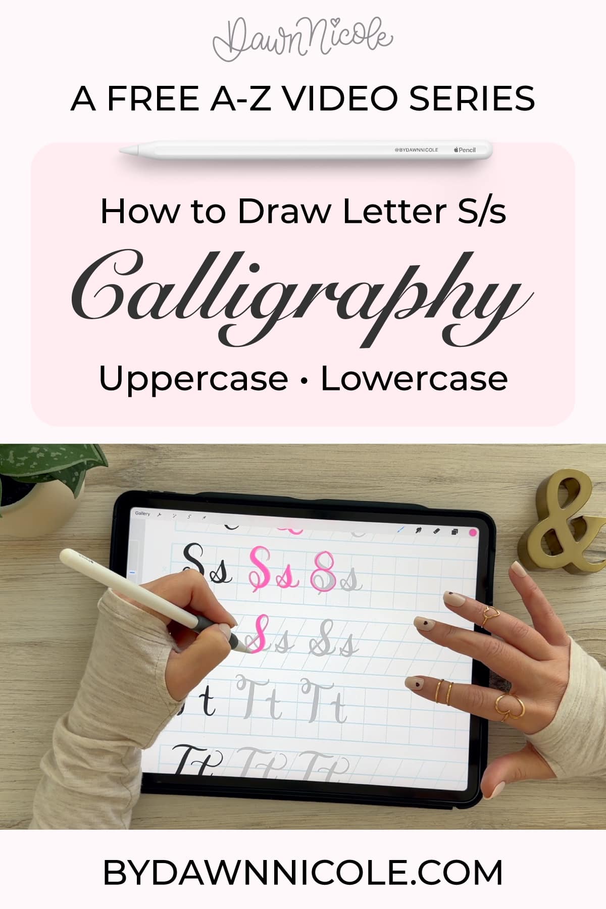 Calligraphy S: Uppercase & Lowercase (Video Tutorial). Learn to draw the letter S in this step-by-step brush calligraphy video tutorial for beginners. Follow along with paper or Procreate!