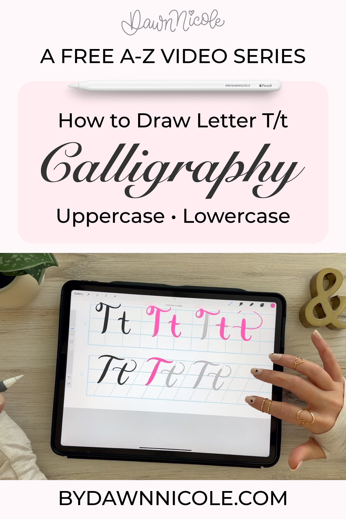 Calligraphy T: Uppercase & Lowercase (Video Tutorial). Learn to draw the letter T in this step-by-step brush calligraphy video tutorial for beginners. Follow along with paper or Procreate!