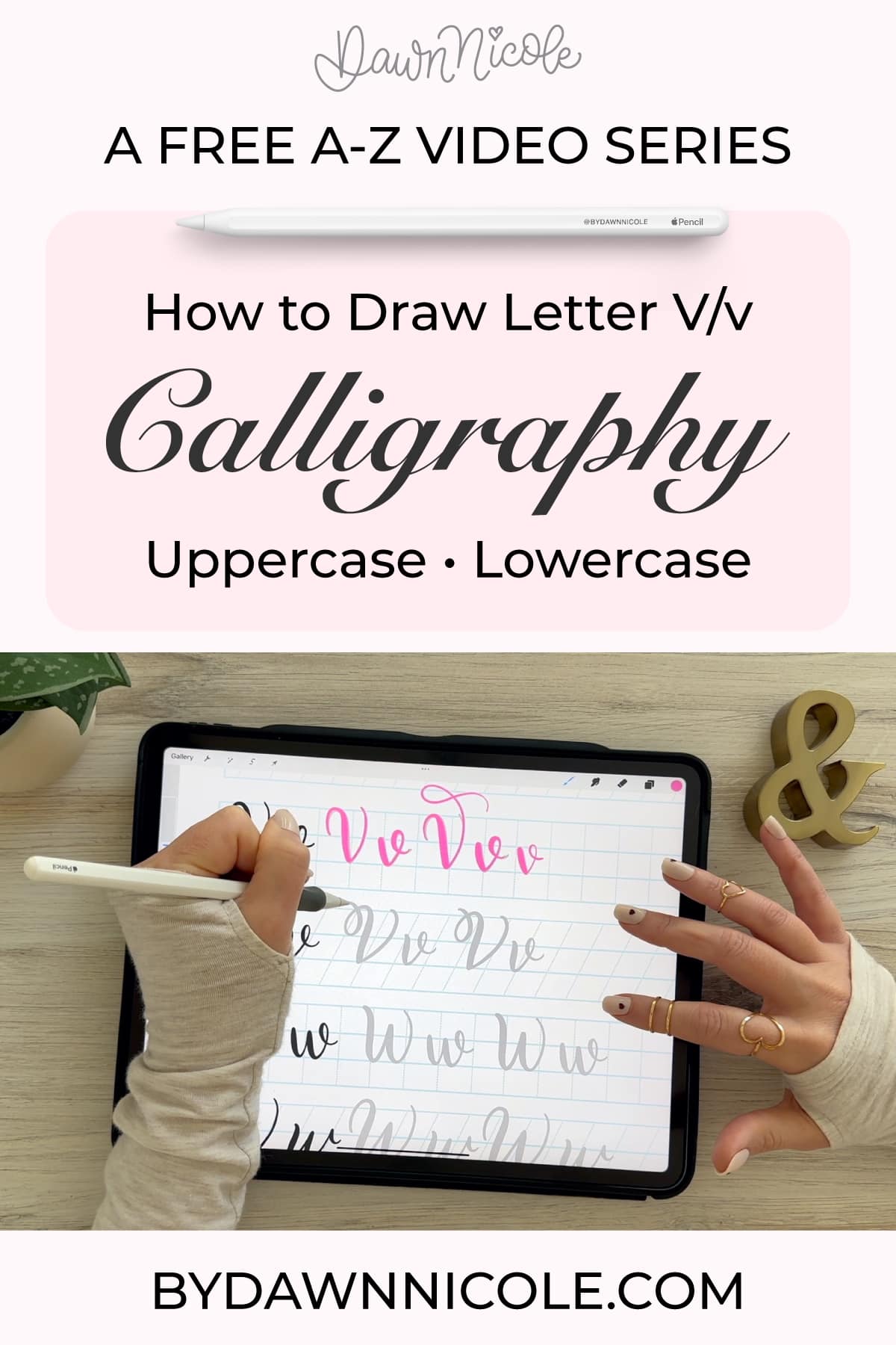 Calligraphy V: Uppercase & Lowercase (Video Tutorial). Learn to draw the letter V in this step-by-step brush calligraphy video tutorial for beginners. Follow along with paper or Procreate!