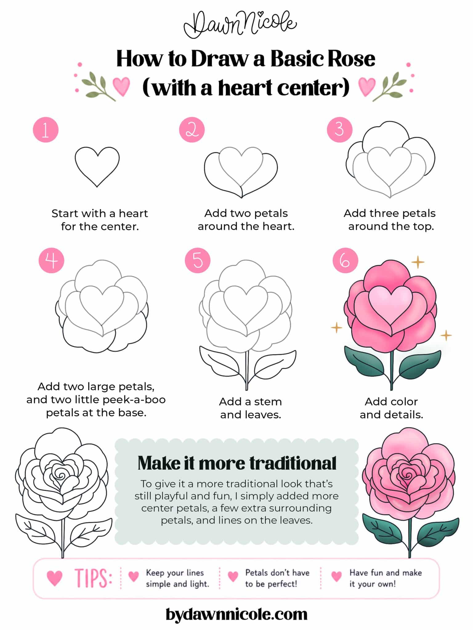 Learn how to create an easy rose drawing in Procreate with 4 beginner-friendly styles: basic, folksy, cutesy, and stained glass. This is the basic style (with a twist)!
