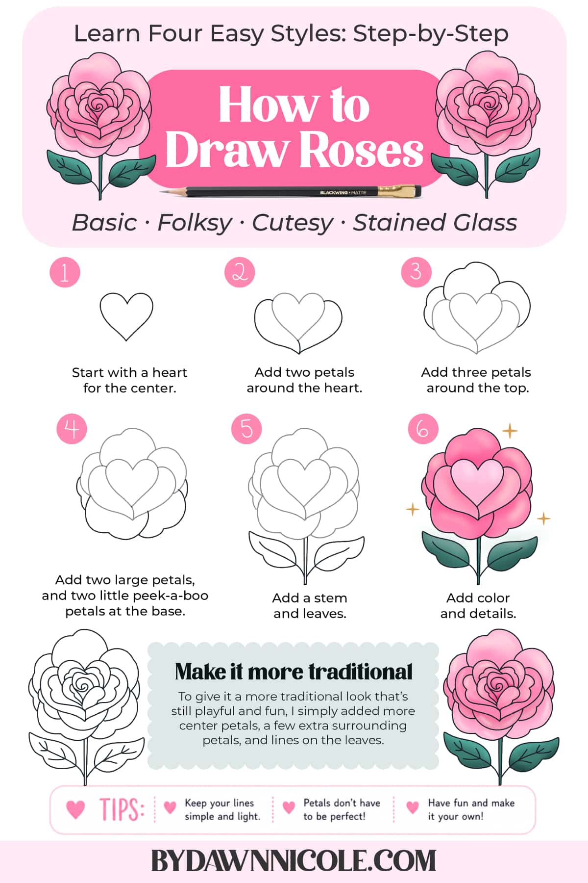 Easy Rose Drawing Tutorial (4 Beginner-Friendly Styles). Learn how to create an easy rose drawing in Procreate with 4 beginner-friendly styles: basic, folksy, cutesy, and stained glass.