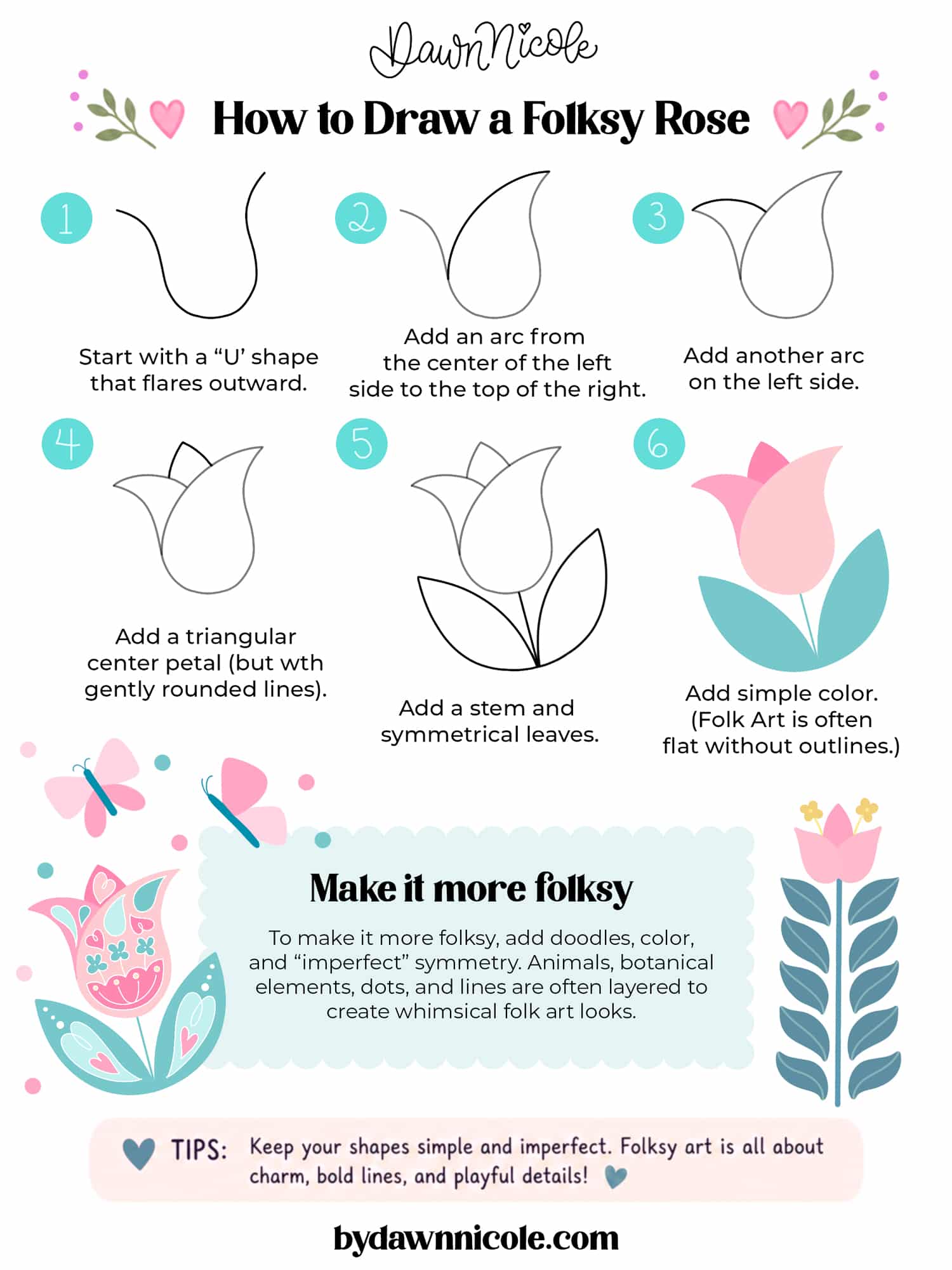 Learn how to create an easy rose drawing in Procreate with 4 beginner-friendly styles: basic, folksy, cutesy, and stained glass. This is the folksy style (with an extra folksy option)!