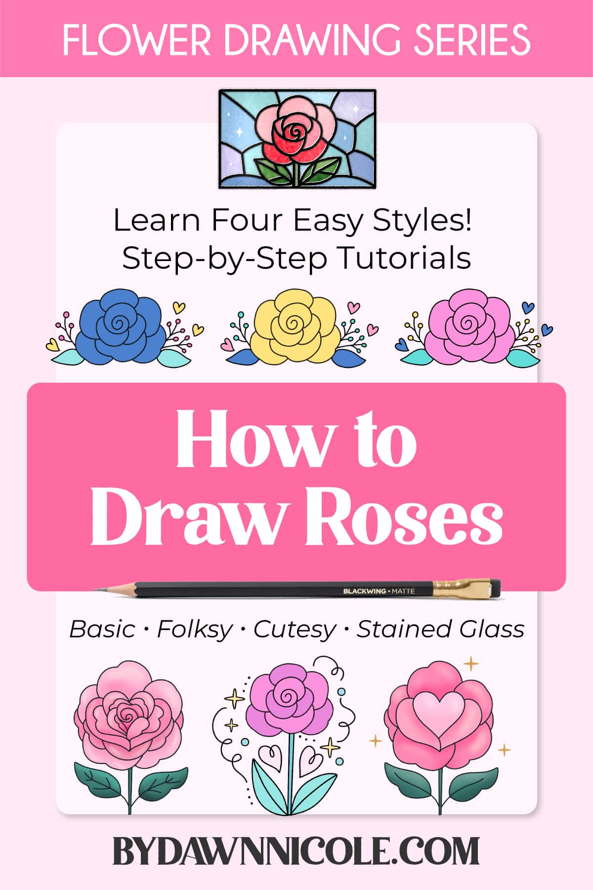 Easy Rose Drawing Tutorial. Learn how to create an easy rose drawing with 4 beginner-friendly styles: basic, folksy, cutesy, and stained glass.