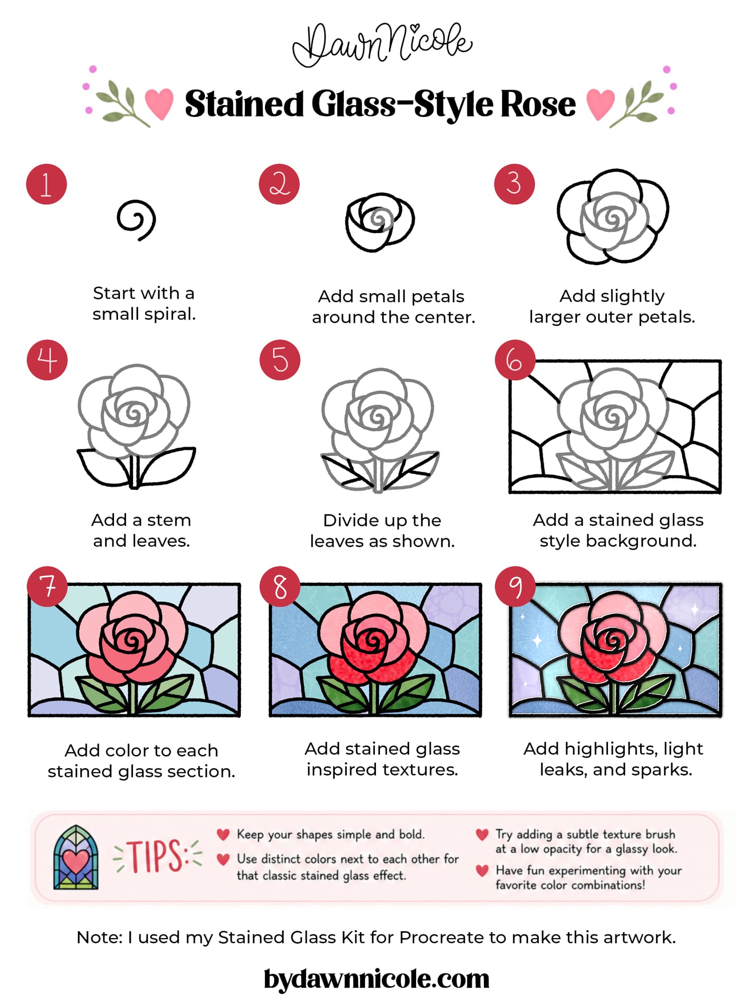 Learn how to create an easy rose drawing in Procreate with 4 beginner-friendly styles: basic, folksy, cutesy, and stained glass. This is the stained glass-inspired style.
