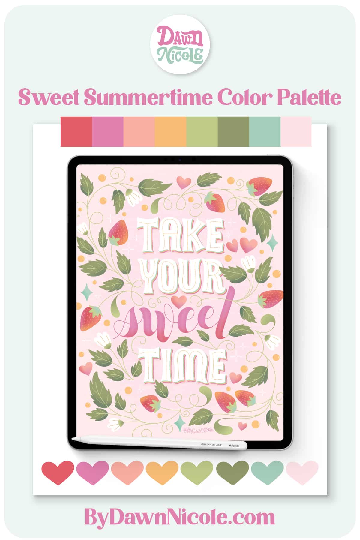 Sweet Summertime Procreate Color Palette. Download my free Sweet Summertime palette—it's bursting with brightness, perfect for lettering and Summery designs.