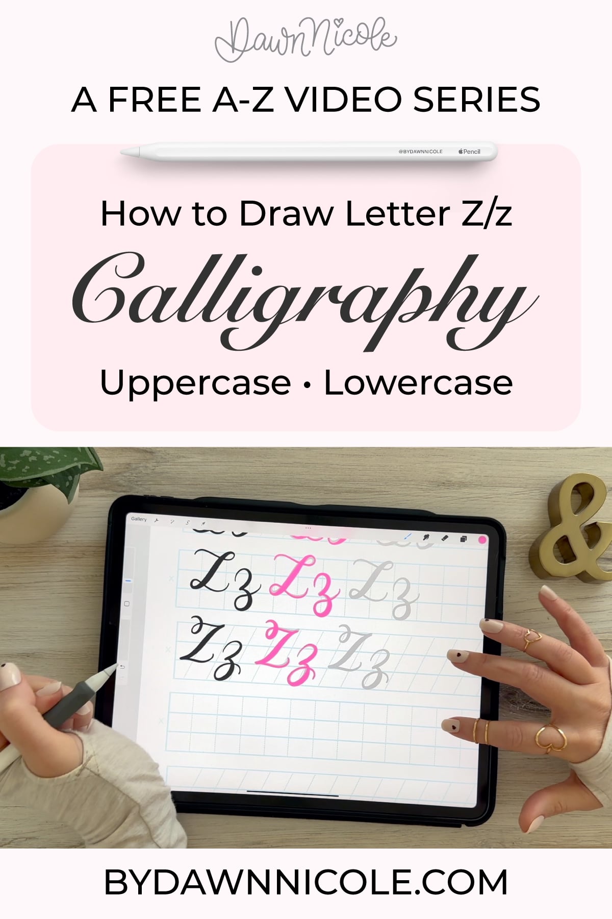 Calligraphy Z: Uppercase & Lowercase (Video Tutorial). Learn to draw the letter Z in this step-by-step brush calligraphy video tutorial for beginners. Follow along with paper or Procreate!