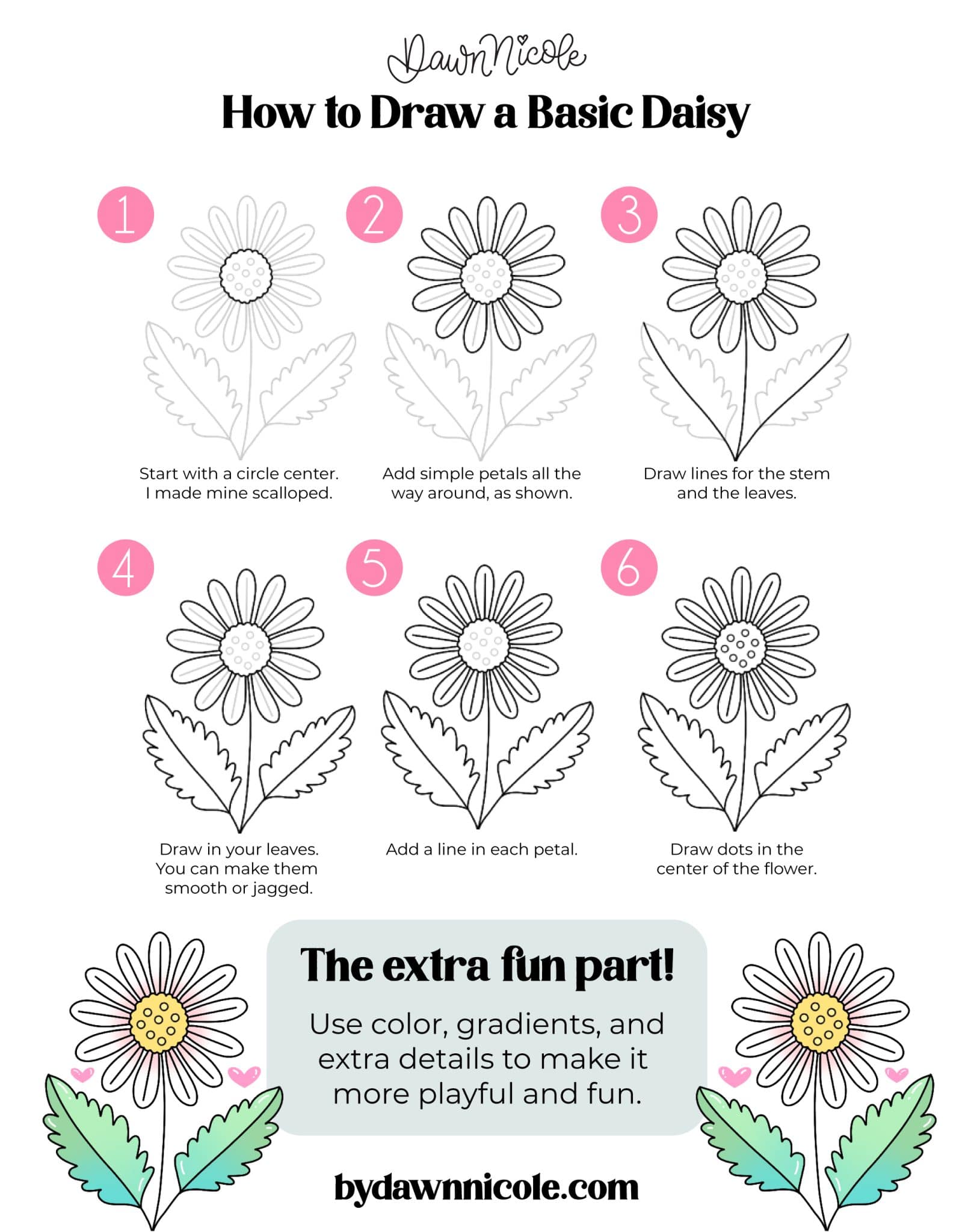 Learn how to create an easy daisy drawing in Procreate with 4 beginner-friendly styles: basic, folksy, cutesy, and stained glass. The Basic Daisy: Step-by-Step