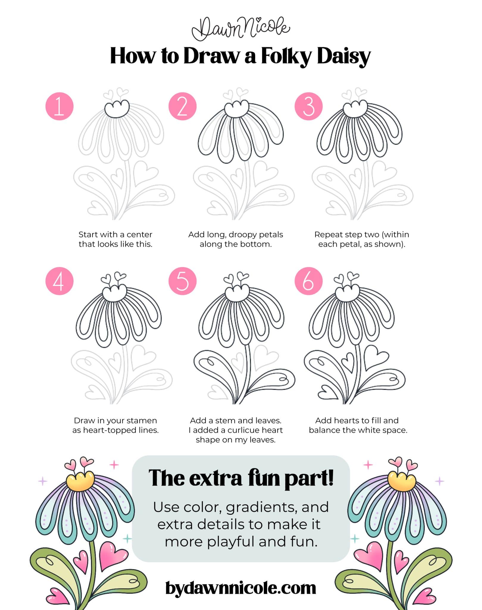 Learn how to create an easy daisy drawing in Procreate with 4 beginner-friendly styles: basic, folksy, cutesy, and stained glass. The Folksy Daisy: Step-by-Step