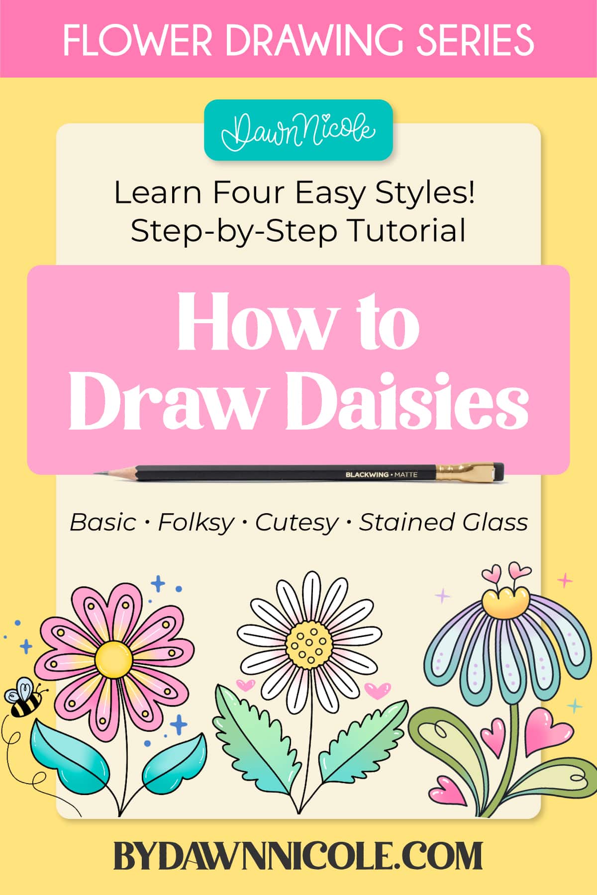 Learn how to create an easy daisy drawing in Procreate with 4 beginner-friendly styles: basic, folksy, cutesy, and stained glass.