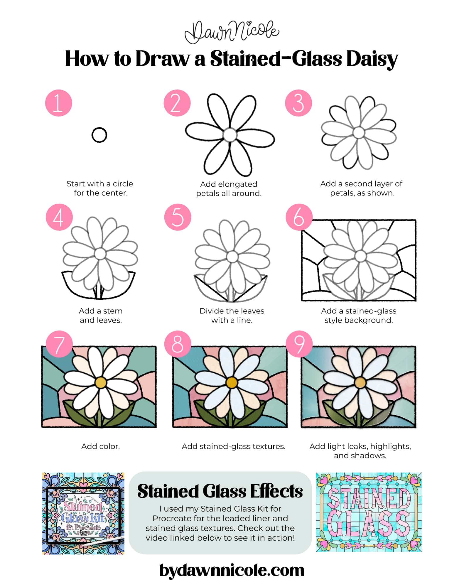 Learn how to create an easy daisy drawing in Procreate with 4 beginner-friendly styles: basic, folksy, cutesy, and stained glass. The Stained Glass Daisy: Step-by-Step