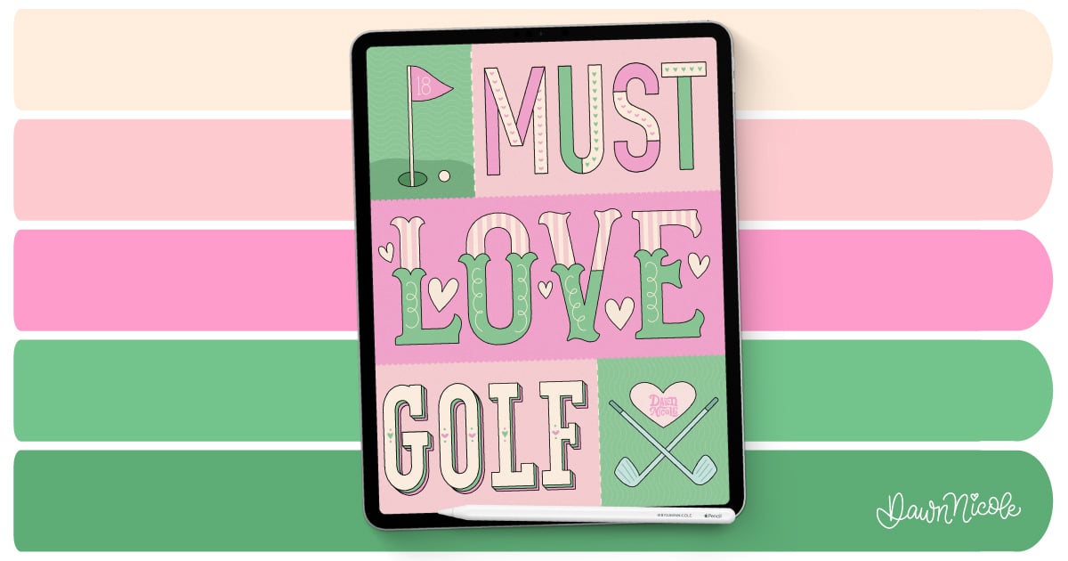 Download my free Girls Who Golf color palette for Procreate, featuring playful pinks and greens inspired by fairways and golf-girl aesthetics.