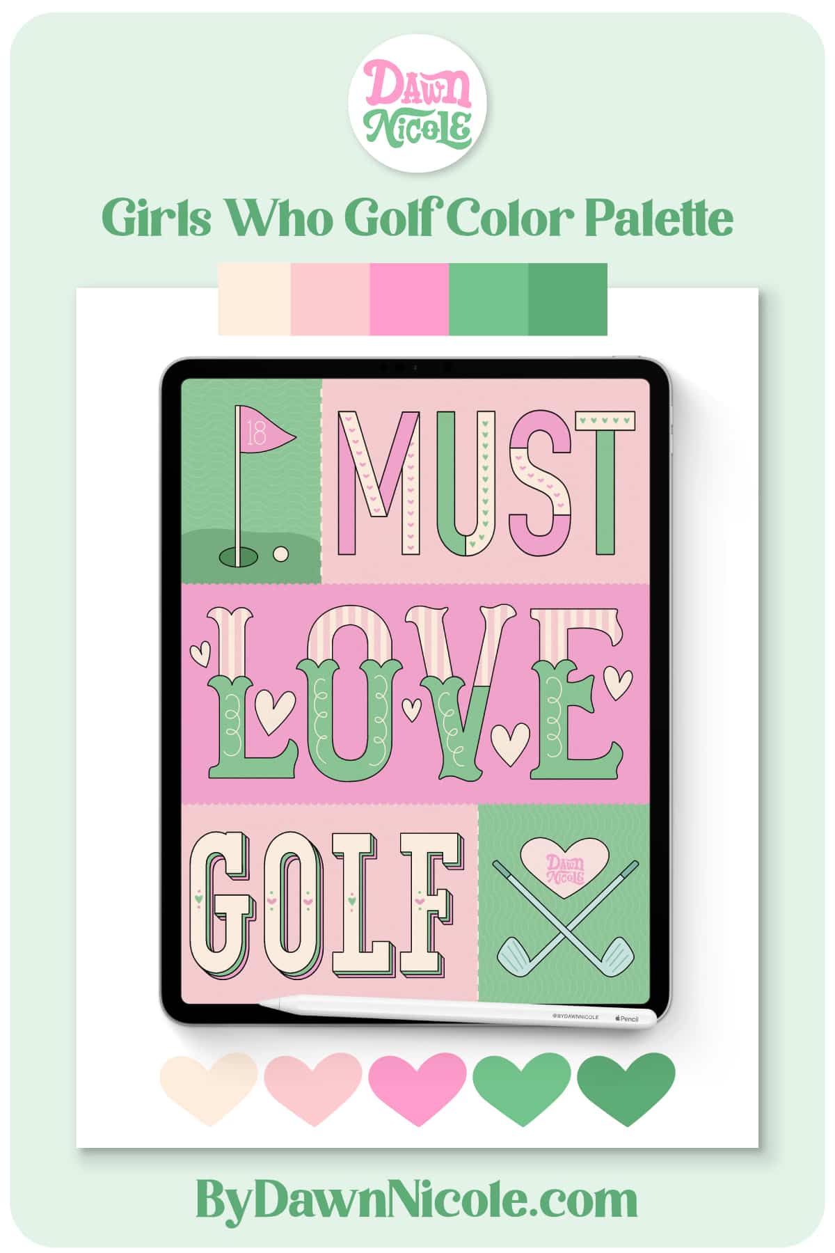 Golf Art Color Palette. Download my free Girls Who Golf color palette for Procreate, featuring playful pinks and greens inspired by fairways and golf-girl aesthetics.