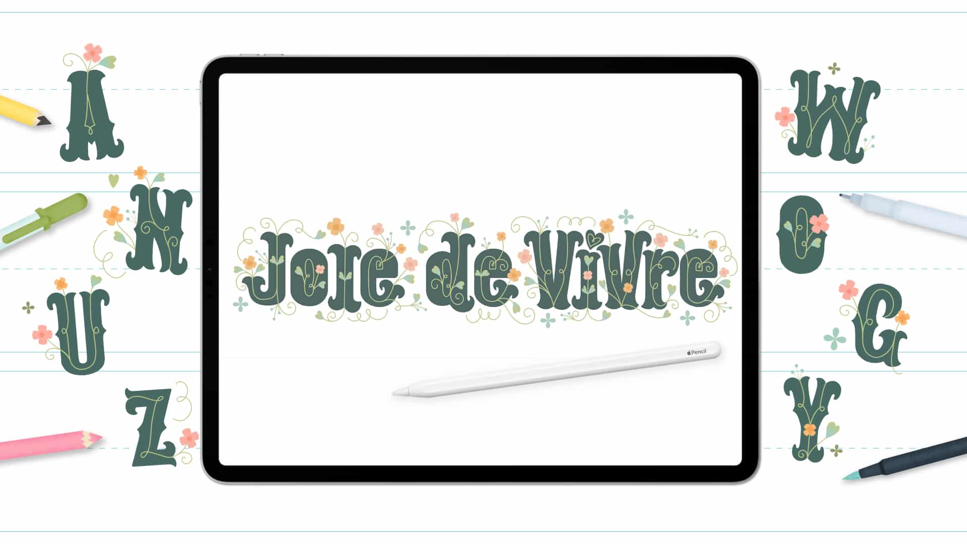 Joie de Vivre Flower Letters Alphabet. Learn how to draw flower letters in a whimsical Gothic Tuscan serif style with free worksheets, tutorials, and videos.