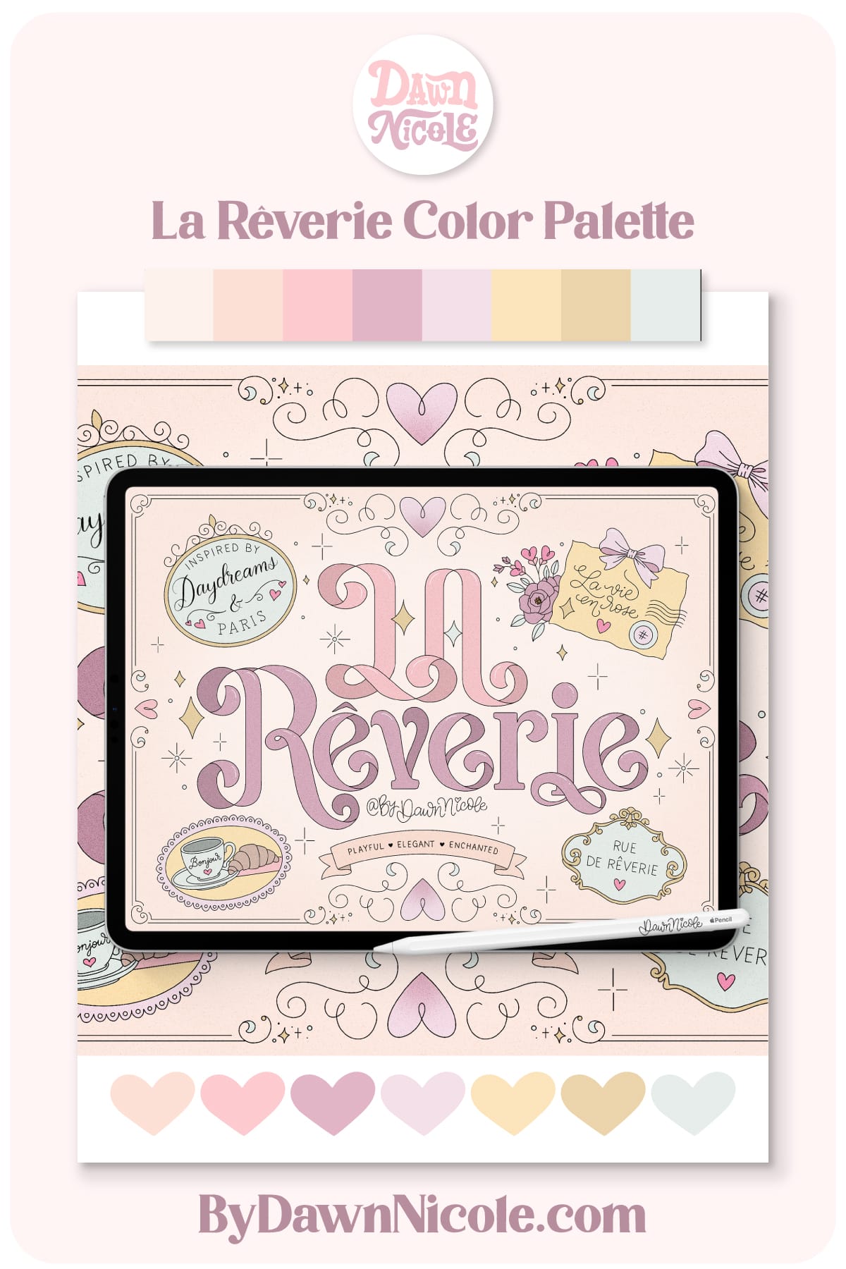 La Rêverie Procreate Color Palette. Download my free La Rêverie color palette for Procreate, featuring dreamy pinks and soft lavenders inspired by Parisian daydreams.