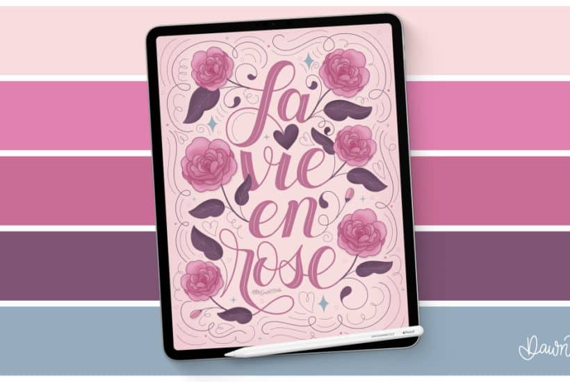 Download my free La Vie en Rose color palette for Procreate, featuring moody pinks and mauves inspired by floral Parisian aesthetics.