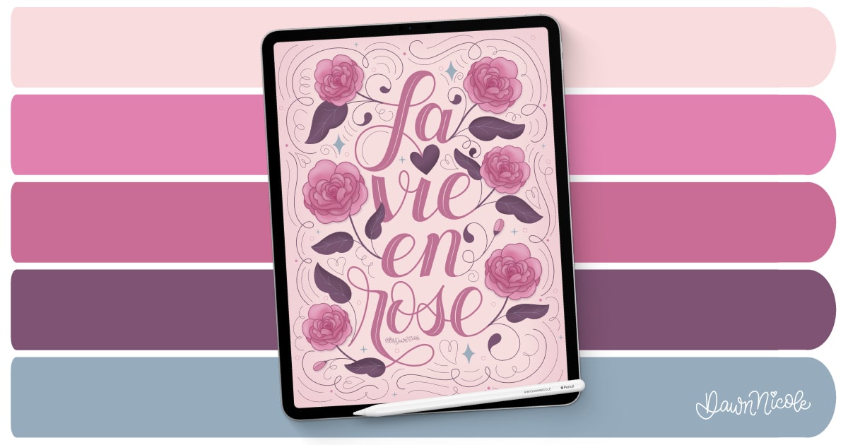 Download my free La Vie en Rose color palette for Procreate, featuring moody pinks and mauves inspired by floral Parisian aesthetics. 