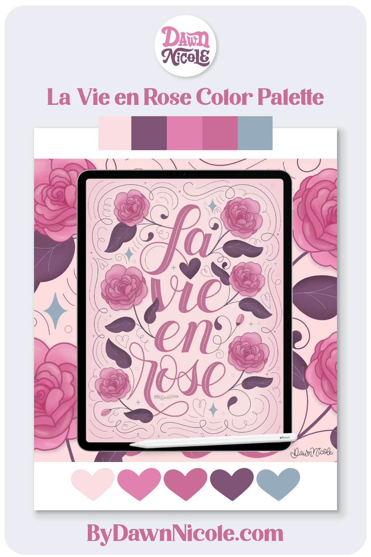 Download my free La Vie en Rose color palette for Procreate, featuring moody pinks and mauves inspired by floral and Parisian aesthetics.