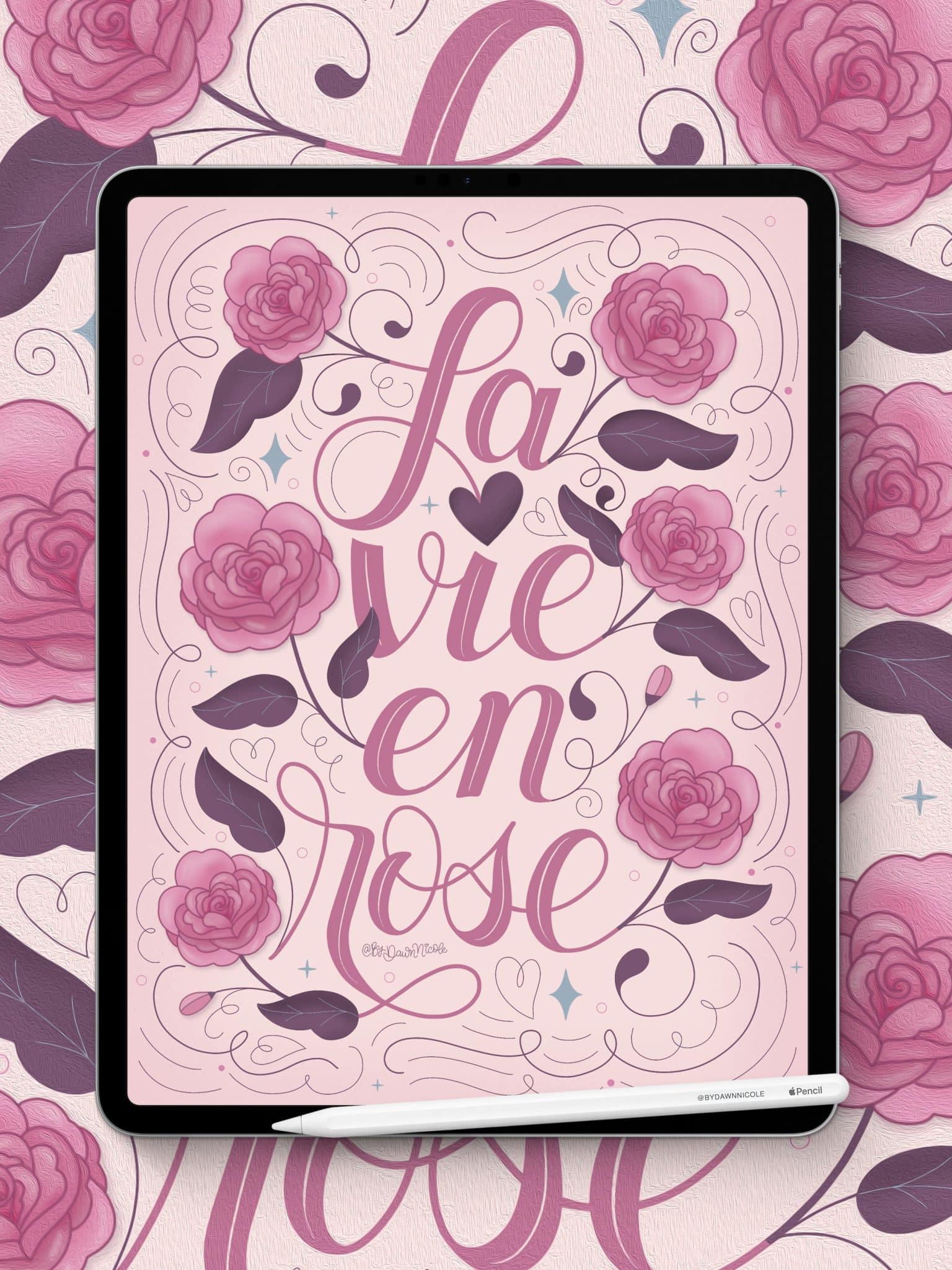 Download my free La Vie en Rose color palette for Procreate, featuring moody pinks and mauves inspired by floral and Parisian aesthetics.