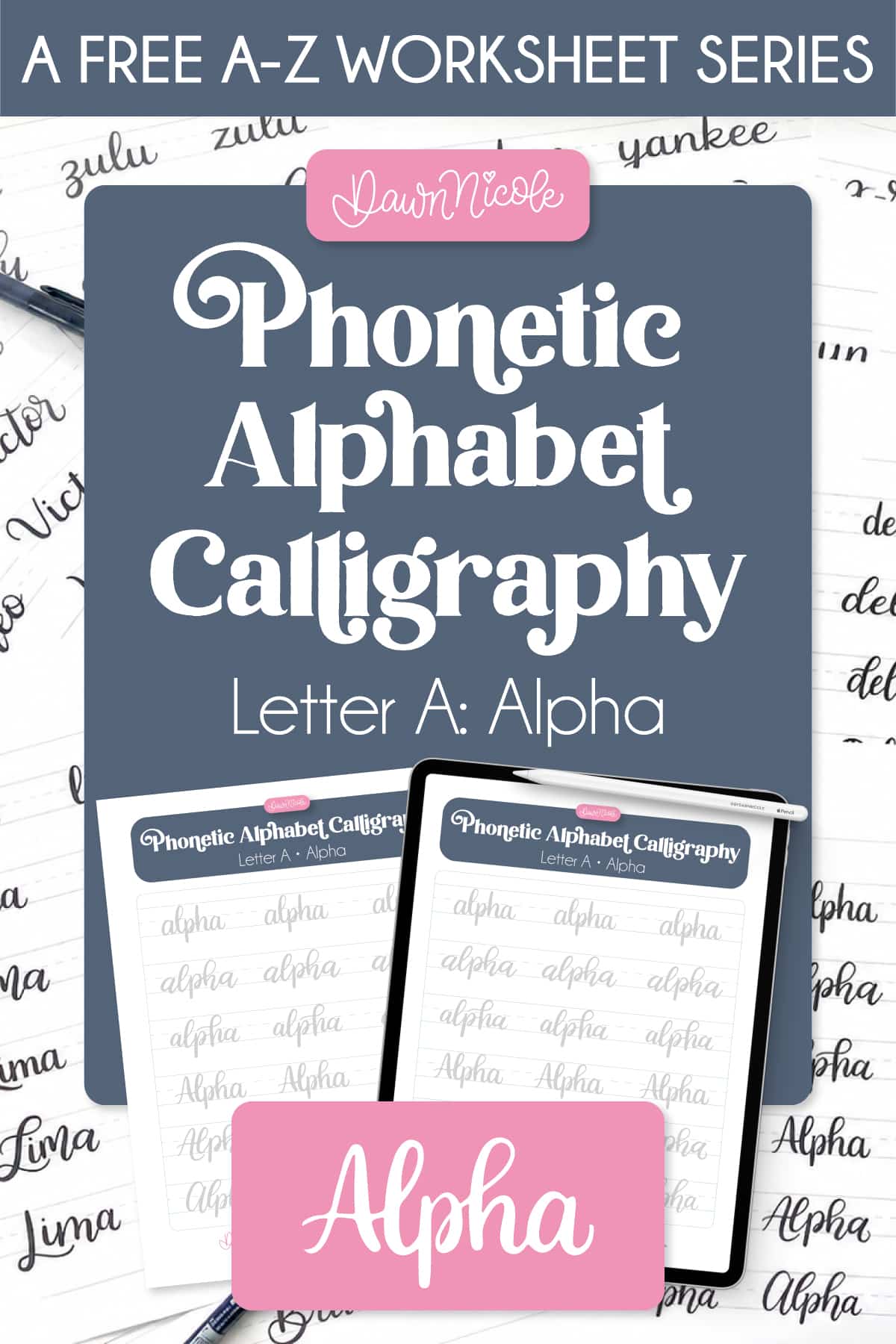 Phonetic Alphabet Calligraphy Practice Sheet: Alpha. Practice "Alpha" calligraphy with a free phonetic alphabet calligraphy worksheet. Includes a printable PDF and Procreate practice sheet.
