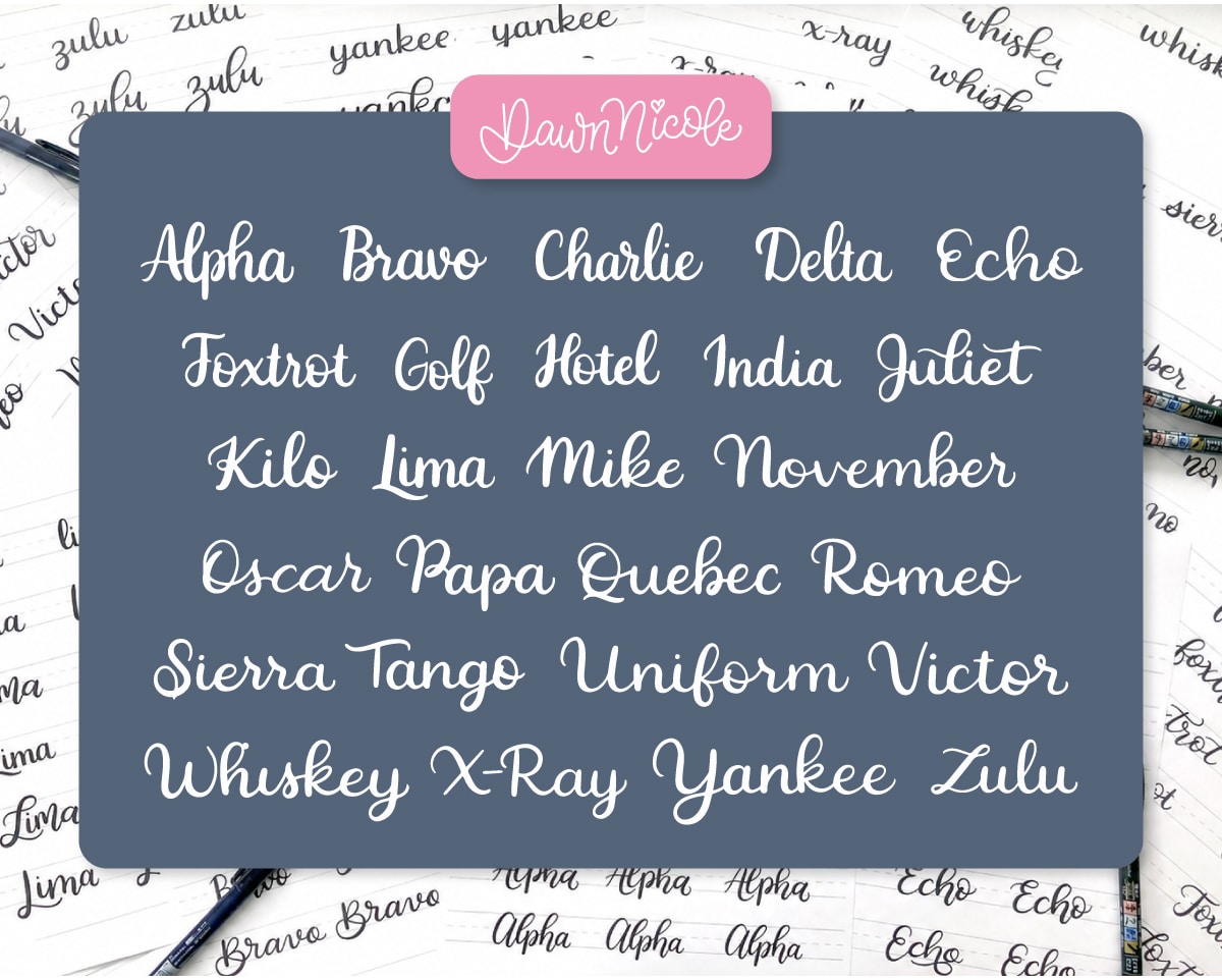 Phonetic Alphabet A-Z list in Calligraphy