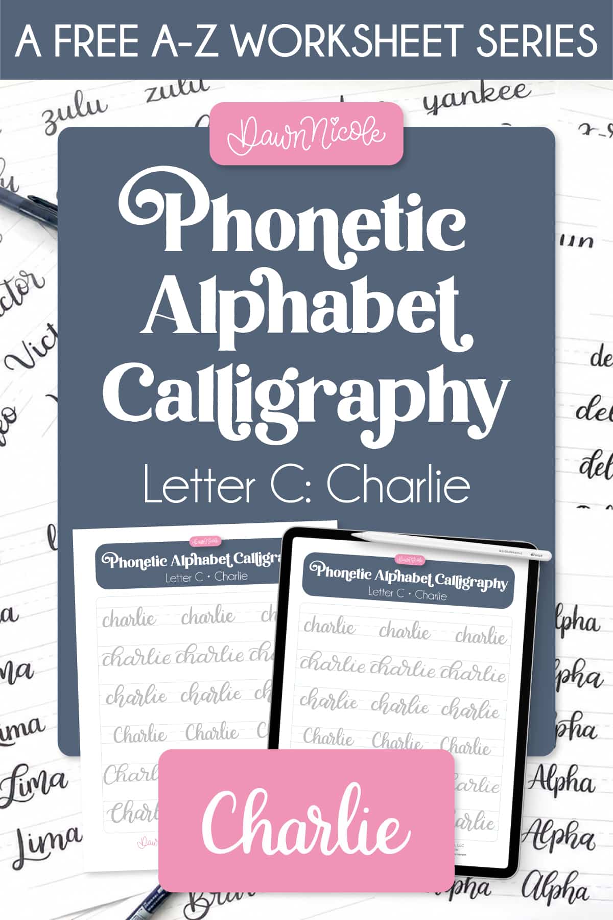 Phonetic Alphabet Calligraphy Practice Sheet: Charlie. Practice "Charlie" calligraphy with a free phonetic alphabet calligraphy worksheet. Includes a printable PDF and Procreate practice sheet.
