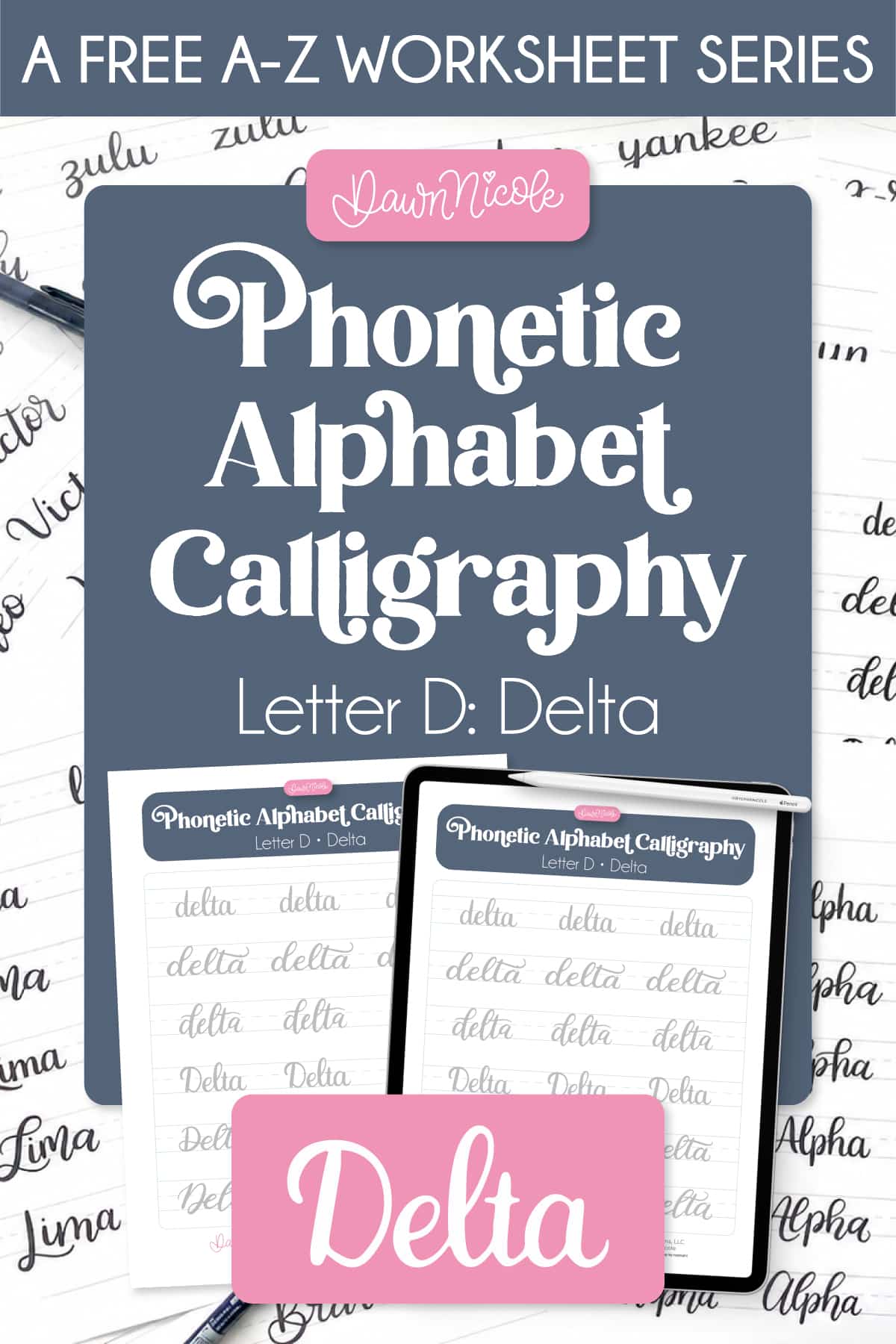 Phonetic Alphabet Calligraphy Series. Practice "Delta" calligraphy with a free phonetic alphabet calligraphy worksheet. Includes a printable PDF and Procreate practice sheet.
