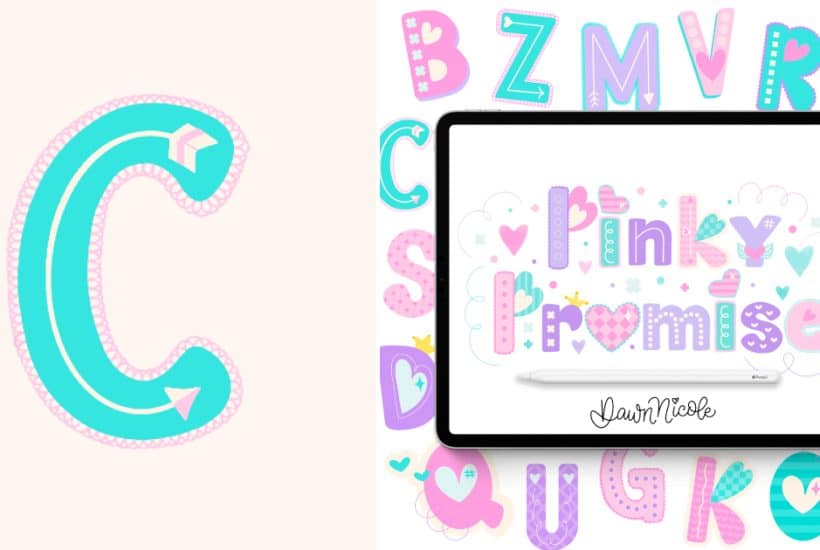 Learn how to draw a playful sans-serif letter C in the Pinky Promise style. Follow the free video tutorial and download printable and Procreate practice sheets.