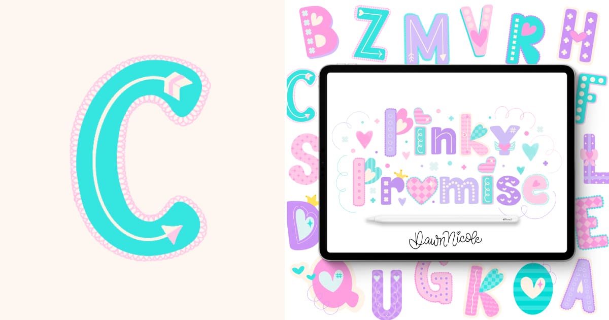 Learn how to draw a playful sans-serif letter C in the Pinky Promise style. Follow the free video tutorial and download printable and Procreate practice sheets.