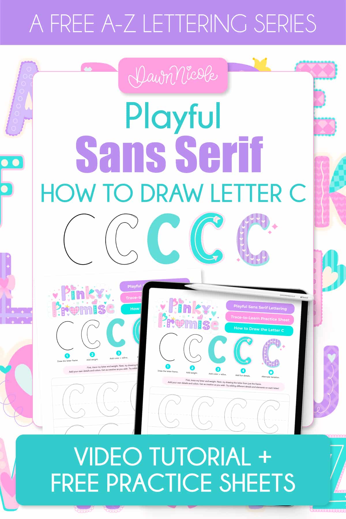 Learn how to draw a playful sans-serif C in the Pinky Promise style. Follow the free video tutorial and download printable and Procreate practice sheets.