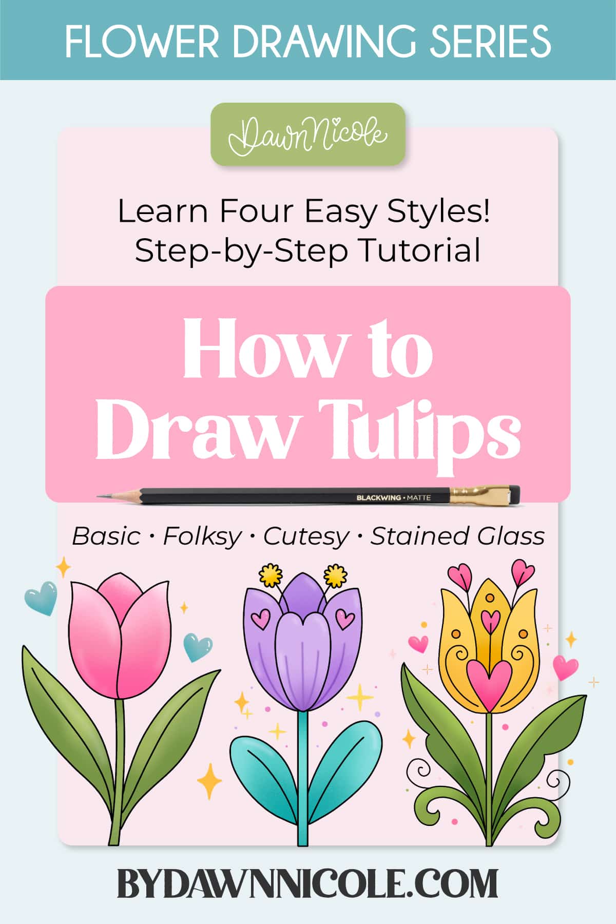 Learn how to create an easy tulip drawing in Procreate with 4 beginner-friendly styles: basic, folksy, cutesy, and stained glass.
