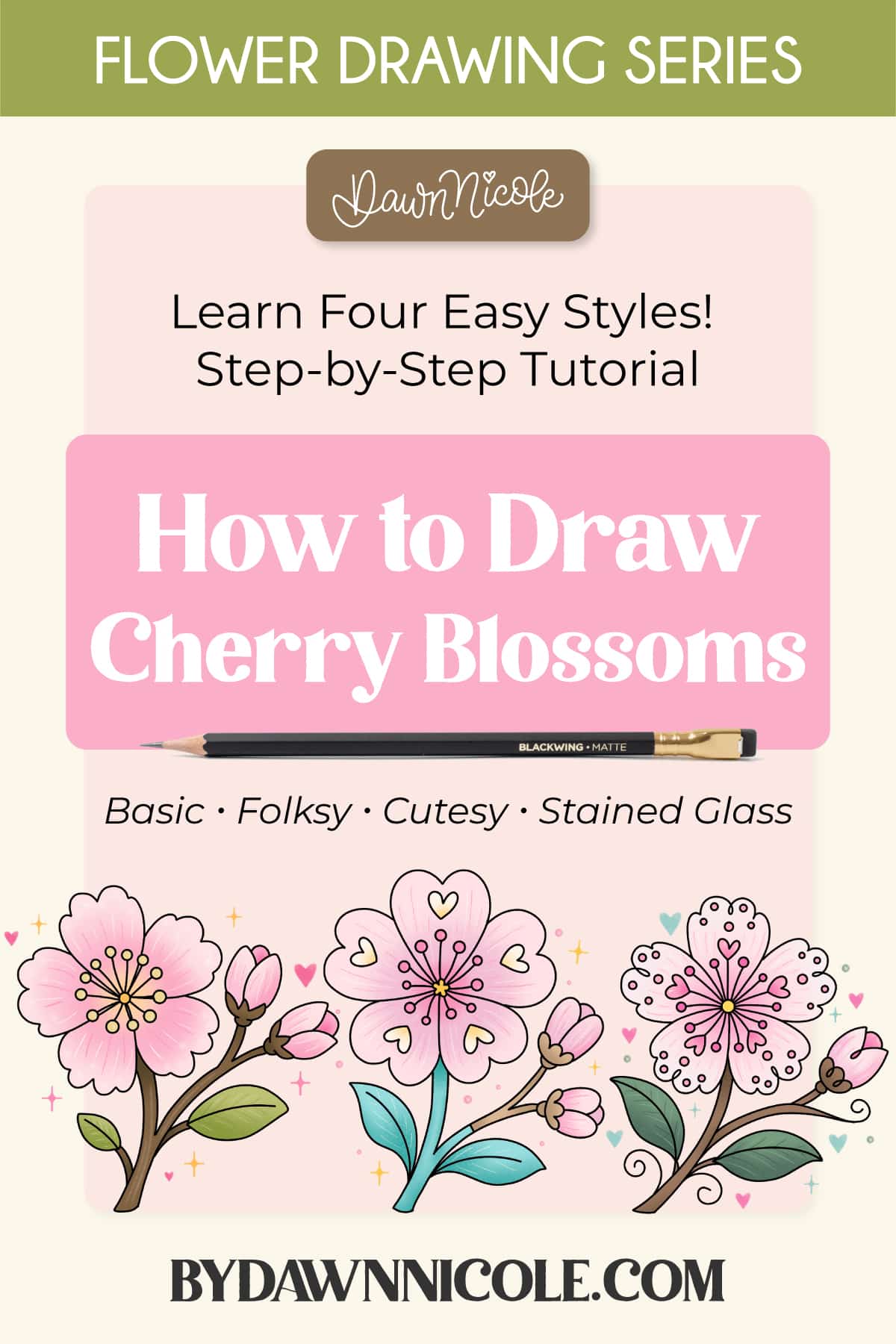 Learn how to create an easy Cherry Blossom drawing in Procreate with 4 beginner-friendly styles: basic, folksy, cutesy, and stained glass.
