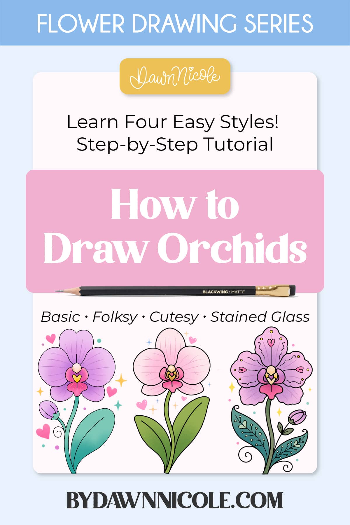 Learn how to create an easy Orchid drawing in Procreate with 4 beginner-friendly styles: basic, folksy, cutesy, and stained glass.