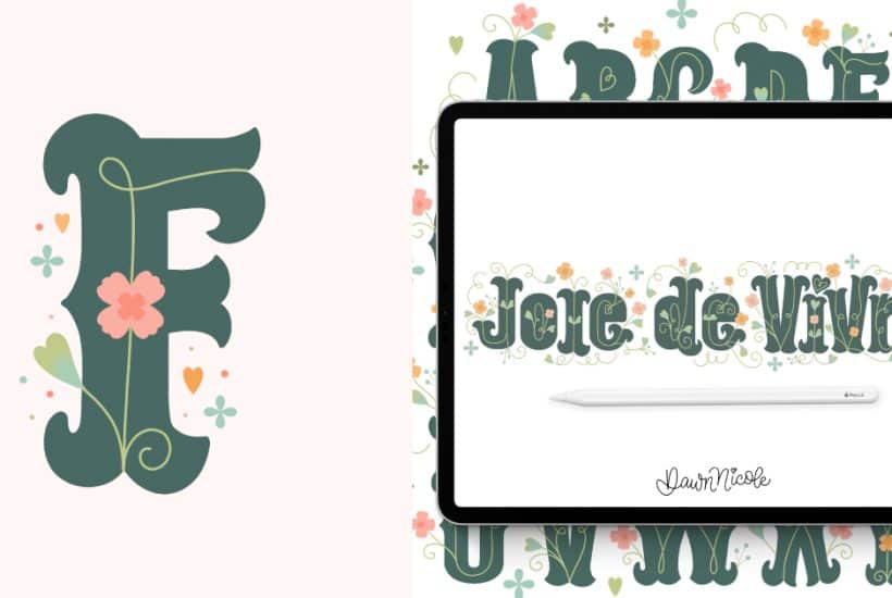 How to draw Flower Letter F in the Joie de Vivre style with a free step-by-step video tutorial and downloadable practice worksheet.