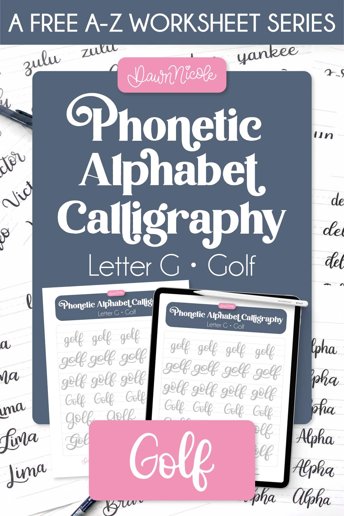 Practice "Golf" calligraphy with a free phonetic alphabet calligraphy worksheet. Includes a printable PDF and Procreate practice sheet.