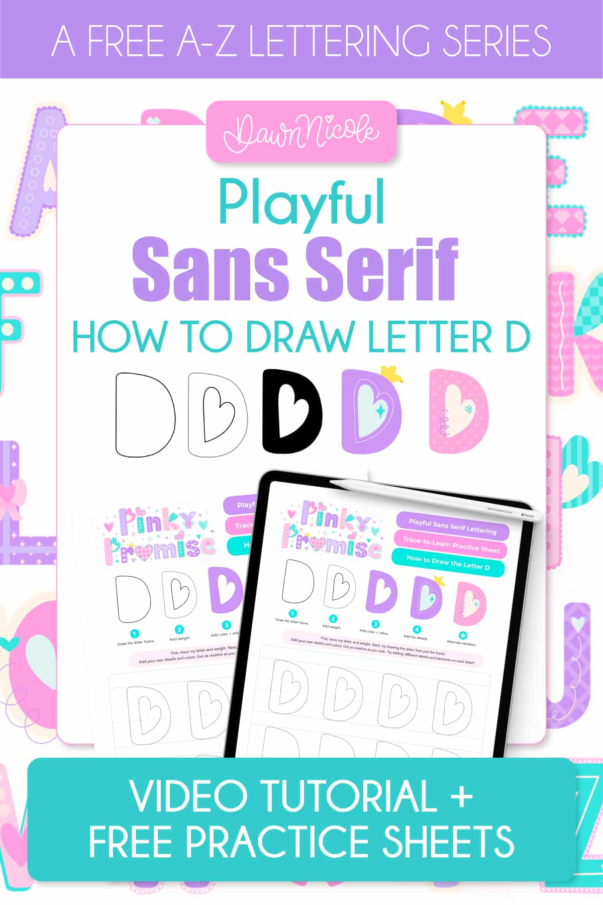 Learn how to draw a playful sans serif D. Follow the free video tutorial and download printable and Procreate practice sheets.