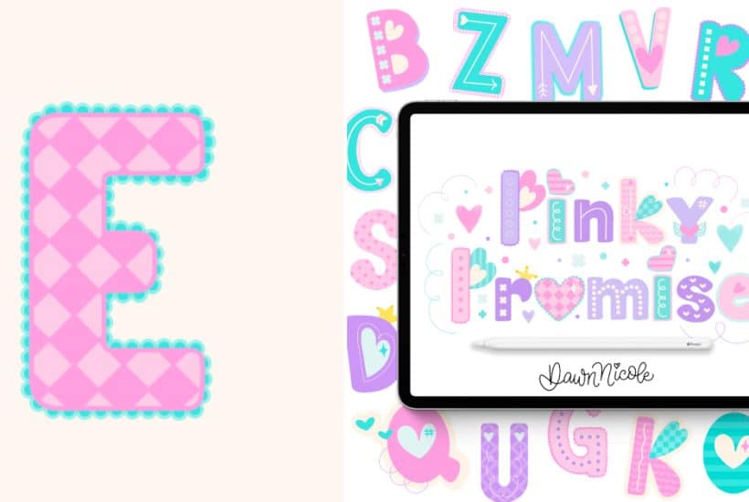 Learn how to draw a playful sans-serif E in the Pinky Promise style. Follow the free video tutorial and download printable and Procreate practice sheets. 