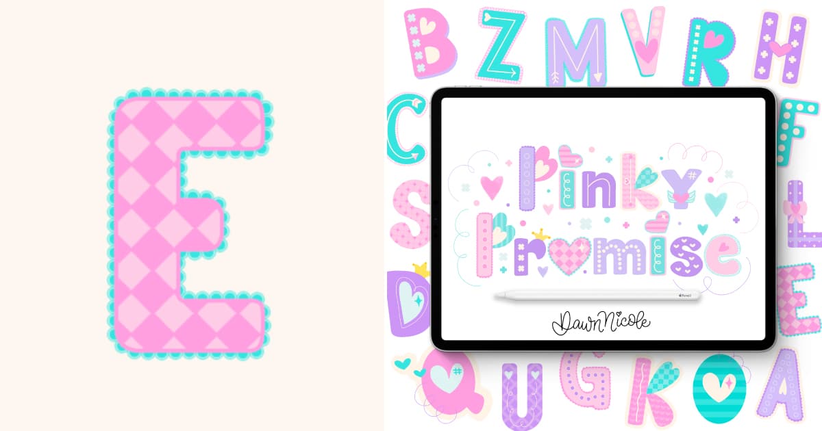 Learn how to draw a playful sans-serif E in the Pinky Promise style. Follow the free video tutorial and download printable and Procreate practice sheets.&nbsp;