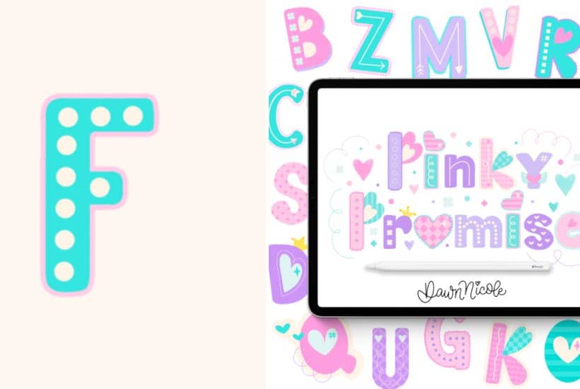 How to draw a playful sans-serif F in the Pinky Promise style. Follow the free video tutorial and download printable and Procreate practice sheets.