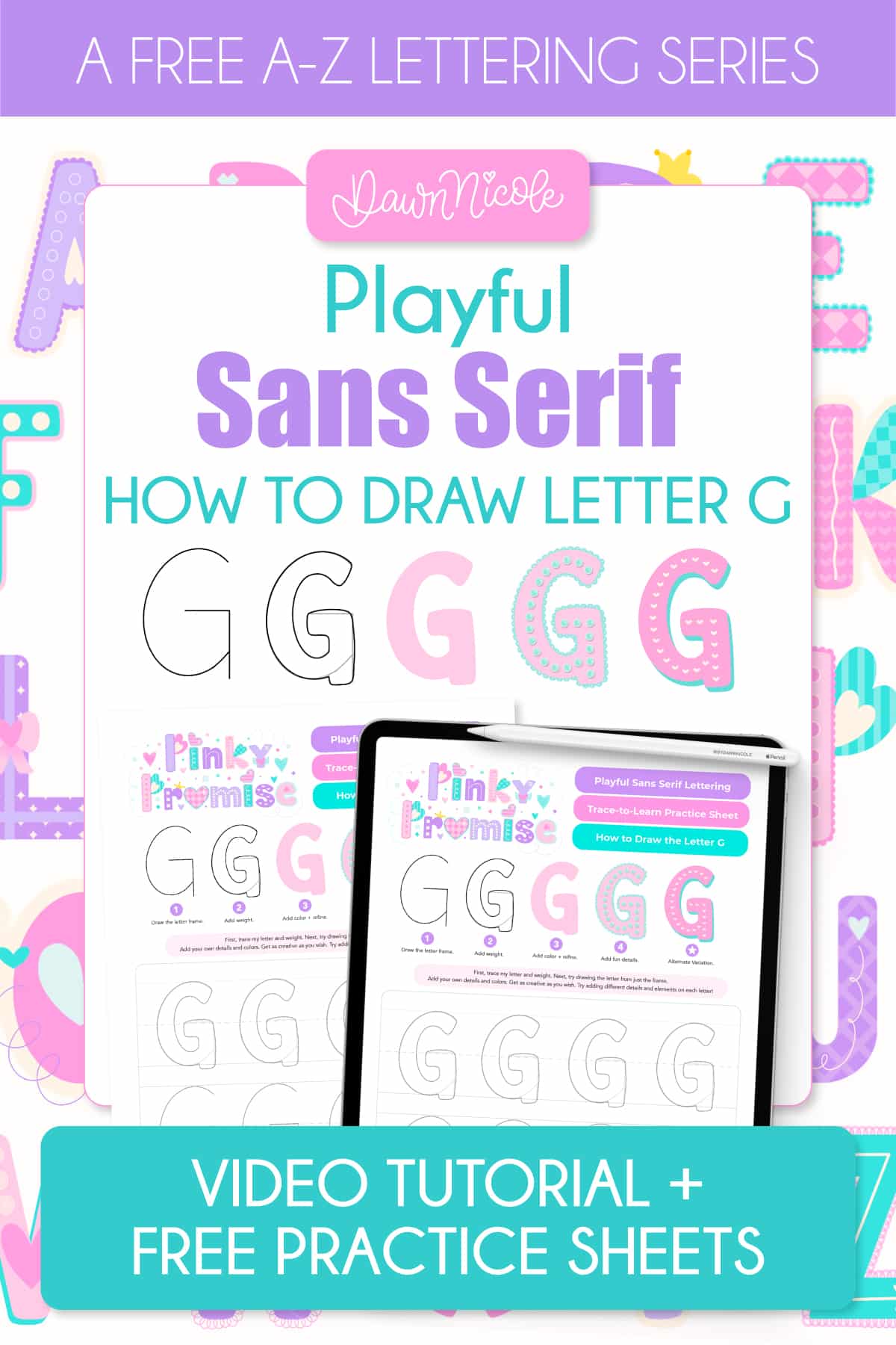 Learn how to draw a playful sans-serif G. Follow the free video tutorial and download printable and Procreate practice sheets.