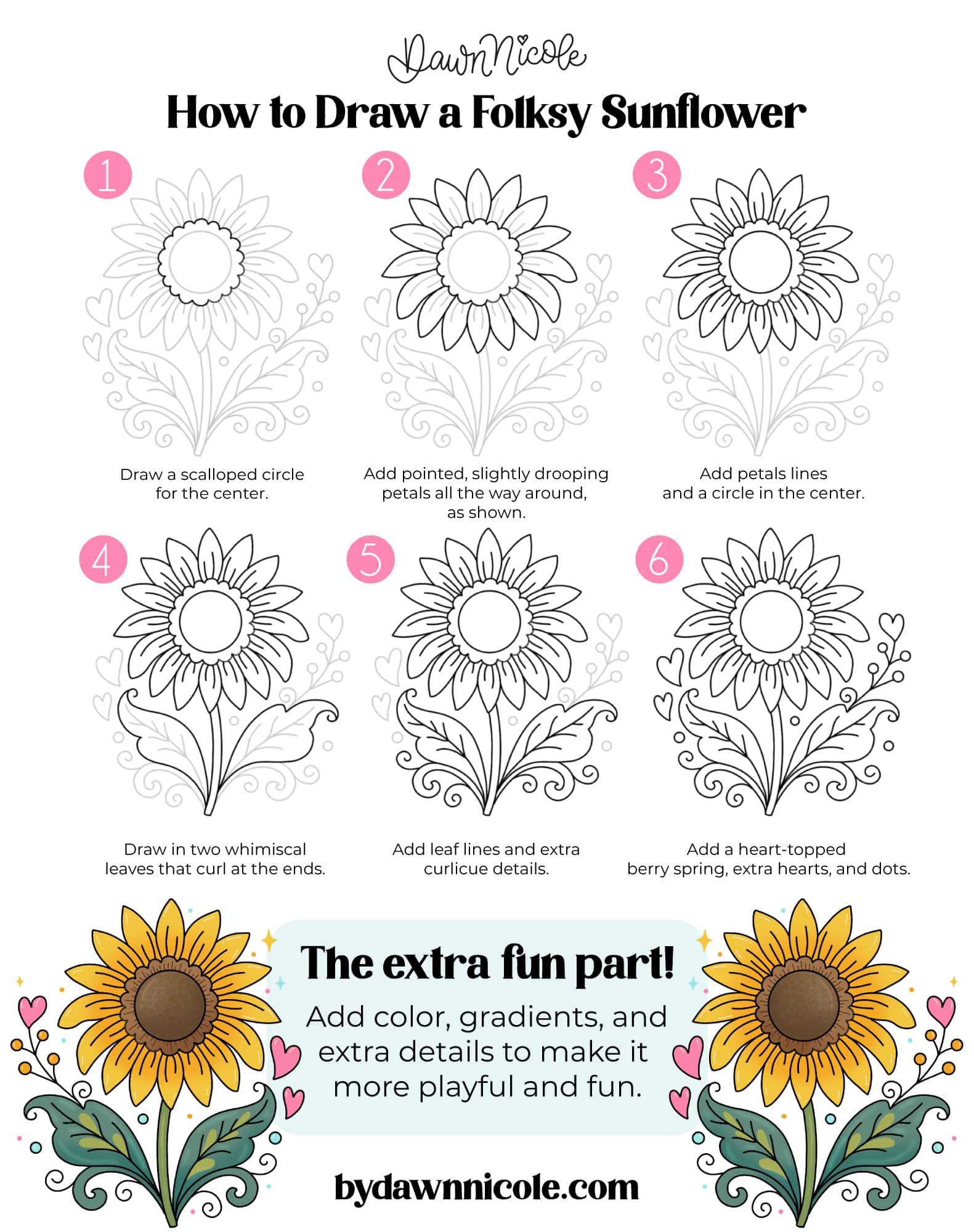 Learn how to create an easy Sunflower drawing in Procreate with 4 beginner-friendly styles: basic, folksy, cutesy, and stained glass. Folksy Sunflower Step-by-Step