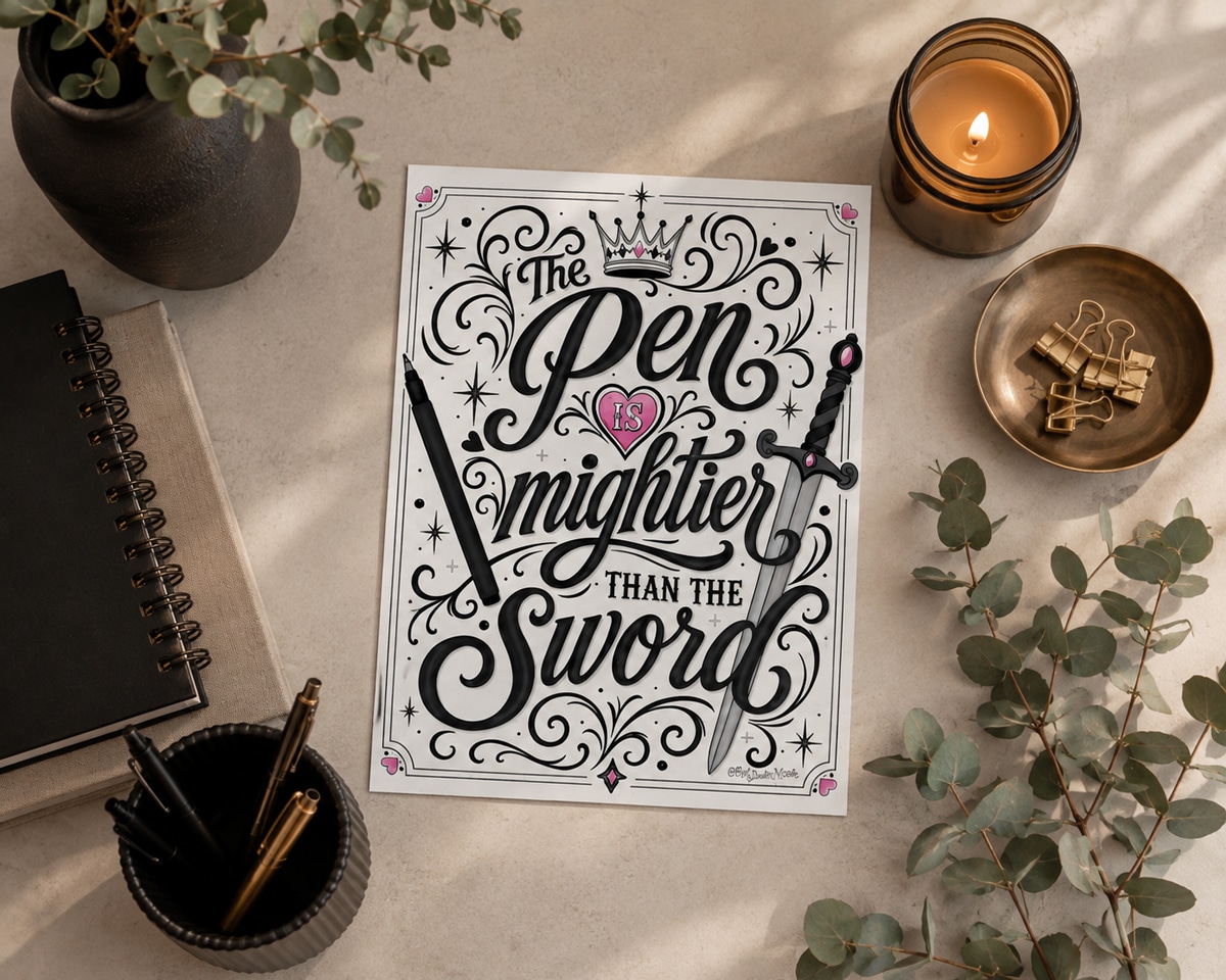 Download a free The Pen Is Mightier Than the Sword printable featuring hand-lettered typography art. 